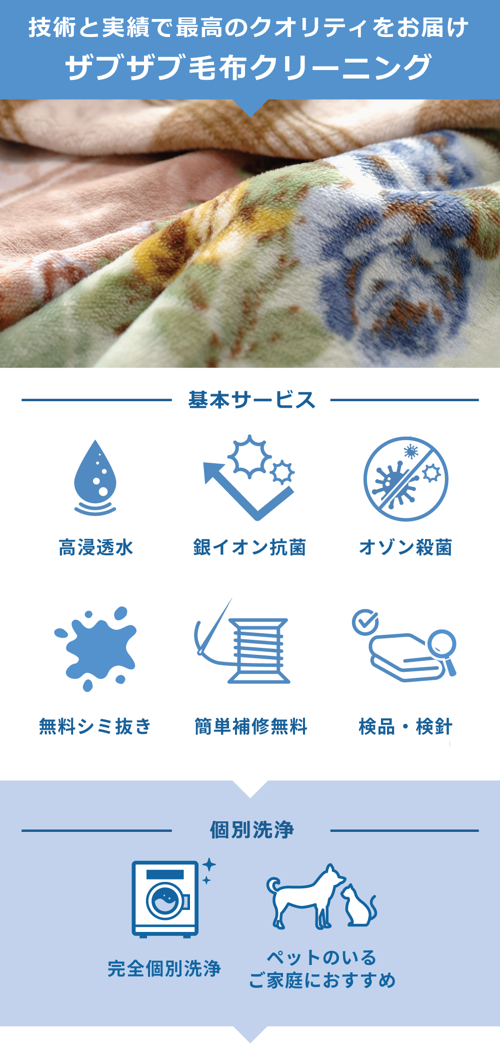 技術と実績で最高のクオリティをお届け!ザブザブ毛布クリーニングサービス内容